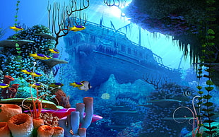 brown ship graphic wallpaper, fantasy art, fish