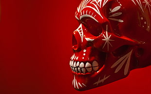 red and white skull wallpaper, digital art, skull, red background, teeth HD wallpaper