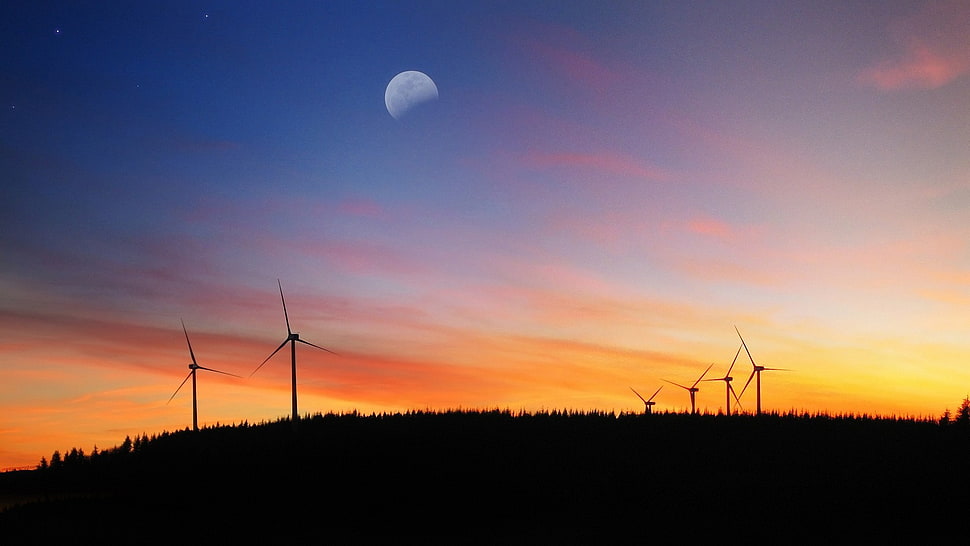 silhouette of windmills, landscape, sunset HD wallpaper
