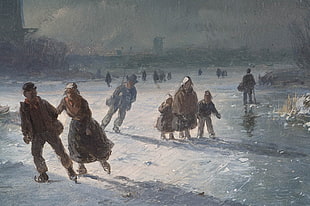 painting of ice skating people, skating, winter, painting, ice