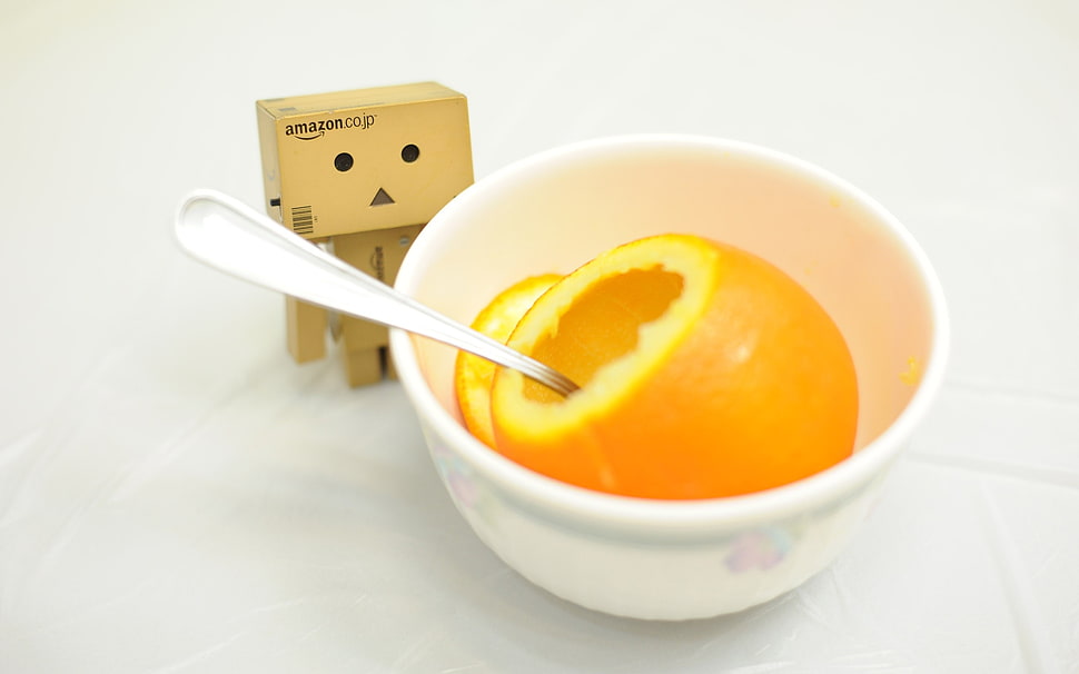 orange fruit on bowl with spoon HD wallpaper