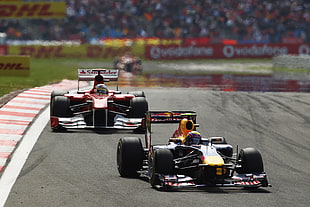 two red and yellow F1 race cars, car, racing, Formula 1, Red Bull Racing