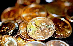round gold-colored coins, money, gold, coins, metal