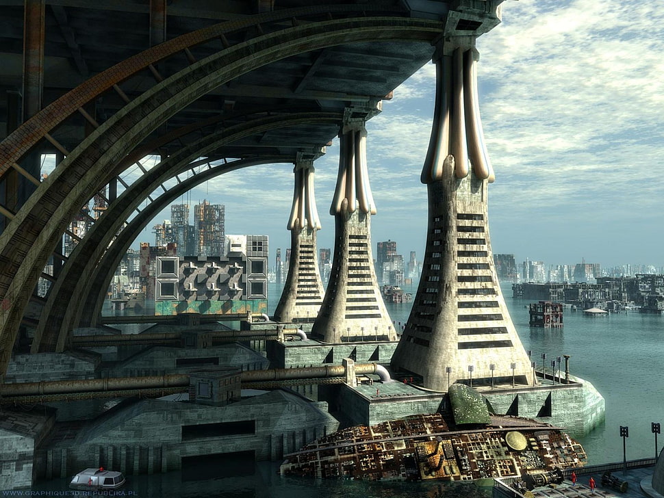 brown concrete arch stand, harbor, science fiction, CGI HD wallpaper