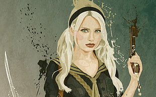 illustration of blonde hair woman holding gun