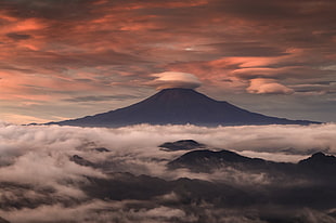 black mountain, Mount Fuji, clouds, Japan