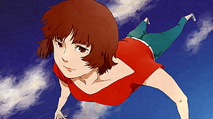 brown haired woman wearing red t-shirt anime character illustration