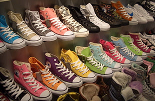 assorted-color pairs of Converse All Star high-top sneakers, shoes, Converse HD wallpaper