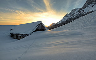 brown and white house, nature, sunset, mountains, snow