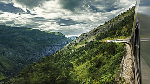 grey train, landscape, train, clouds, trees HD wallpaper