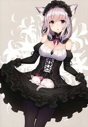black dressed female anime character poster, animal ears, cleavage, dress, nekomimi HD wallpaper