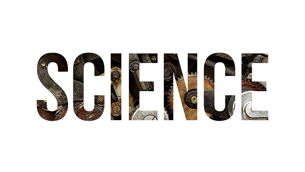 Science text overlay, science, machine, typography, gears HD wallpaper