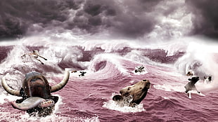 herd of cow in water illustration, artwork, animals