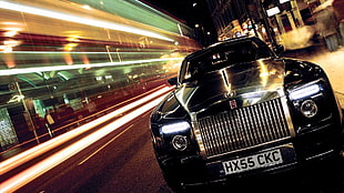 black vehicle, Rolls-Royce, car, motion blur, light trails HD wallpaper