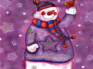 snowman in wearing red and blue scarf illustration HD wallpaper
