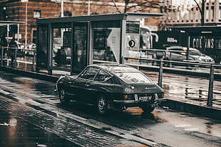 classic black hatchback, Auto, Side view, City