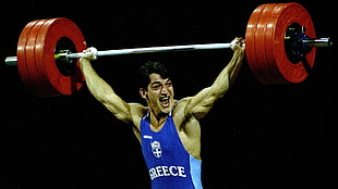 men's blue tank top, Pyrros Dimas, weightlifting, gyms, exercising