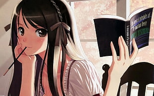 anime girl with black hair holding book