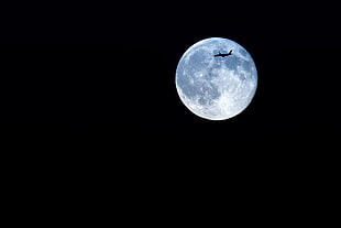 black airplane, Moon, airplane, night, silhouette