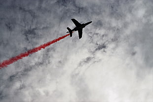black airplane, airplane, colored smoke, clouds, aircraft