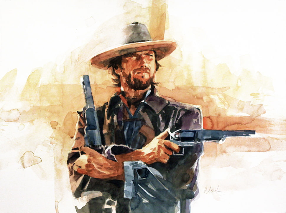 man holding gun sketch, Clint Eastwood, artwork, movies HD wallpaper