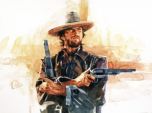 man holding gun sketch, Clint Eastwood, artwork, movies