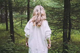 human wearing white dress shirt in forest HD wallpaper