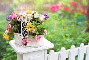 selective focus photography of flowers in basket