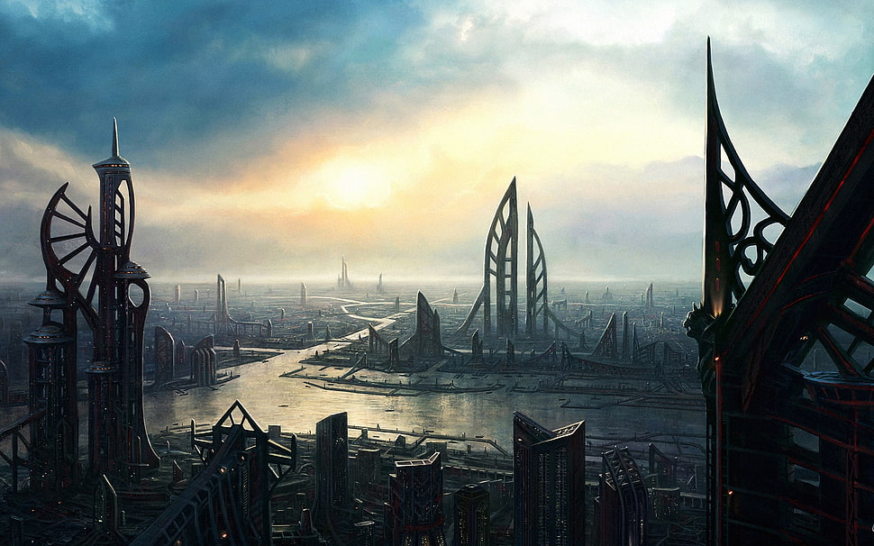 high rise buildings digital wallpaper, fantasy art, futuristic city, futuristic, science fiction HD wallpaper