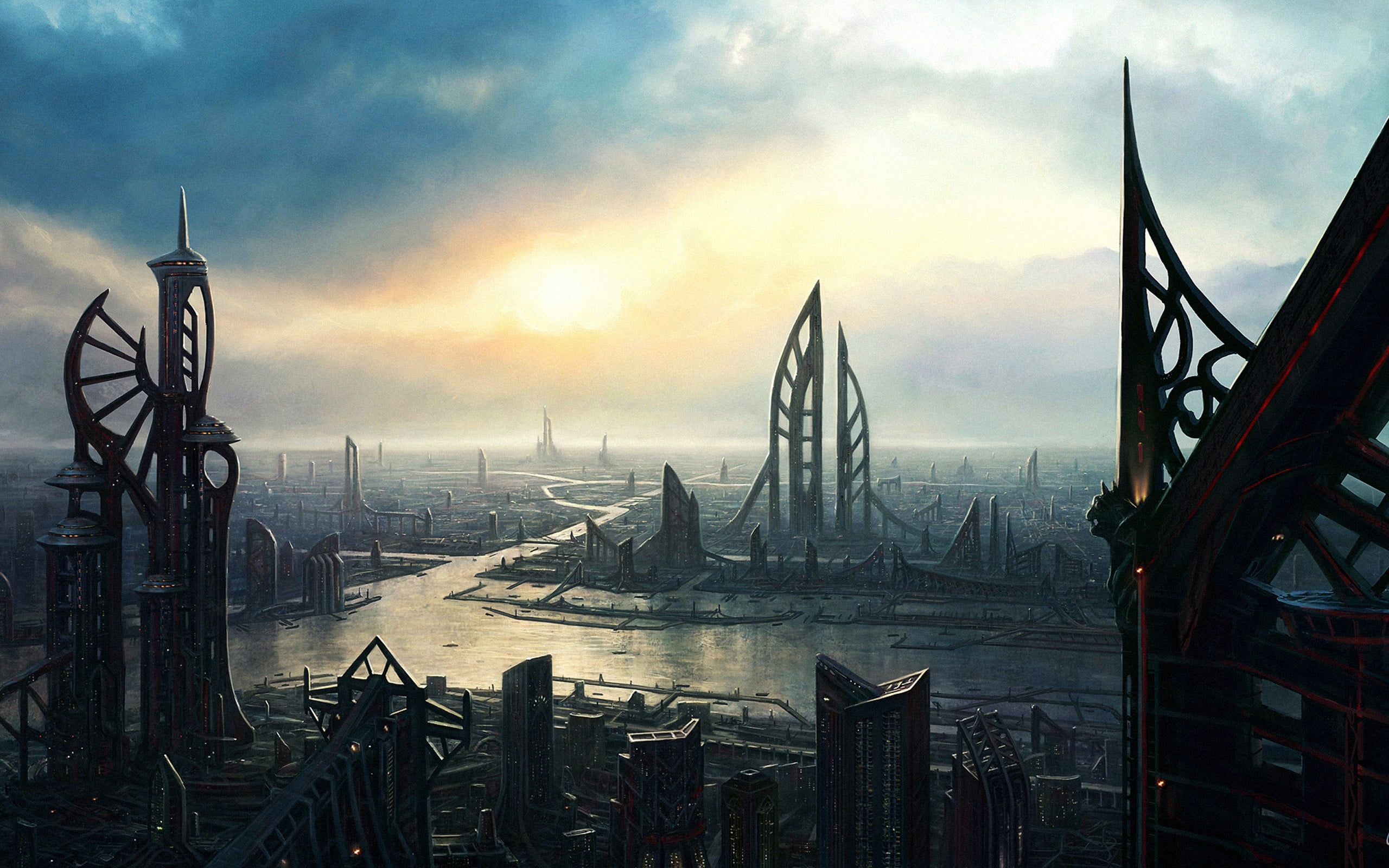 high rise buildings digital wallpaper, fantasy art, futuristic city, futuristic, science fiction