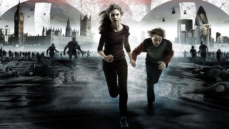 two woman and boy running away from zombies HD wallpaper