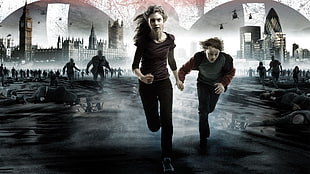 two woman and boy running away from zombies HD wallpaper