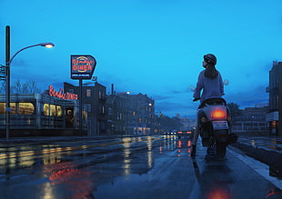 man ridingmotorcycle digital wallpaper, city, rain, women, rear view