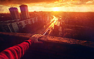 red sleeve, city, cityscape, sunset, hands