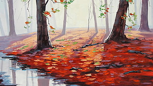 red and green leaves on ground surrounded by trees painting