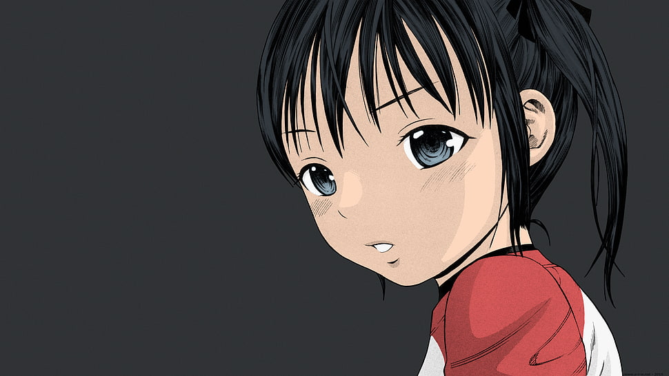 black haired red and white shirt female anime character HD wallpaper