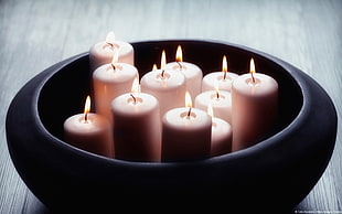 white pillar candles, candles, fire, bowls HD wallpaper