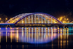 blue and yellow LED light, South Korea, night, bridge, Seoul