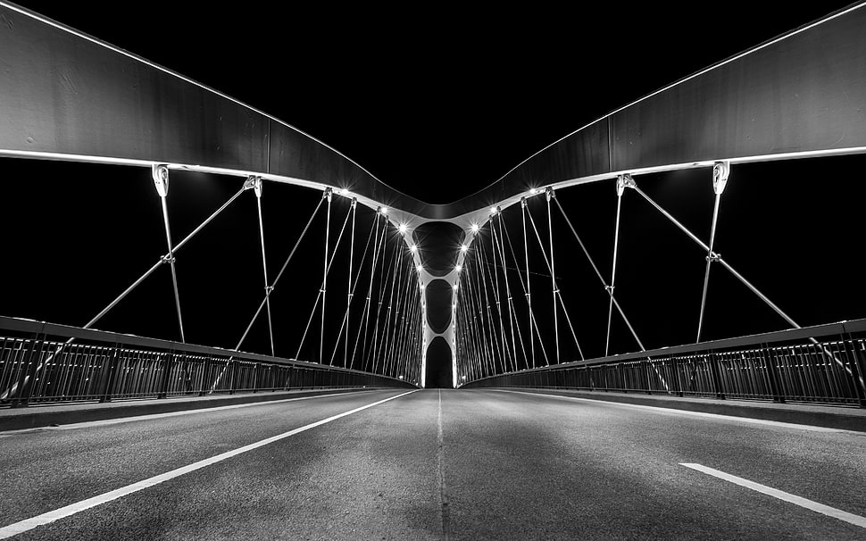 grayscale photo of bridge, bridge, monochrome, architecture, night HD wallpaper