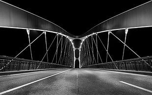 grayscale photo of bridge, bridge, monochrome, architecture, night