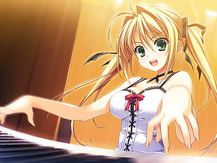 blonde-haired female animation character in white spaghetti strap top graphic wallpaper