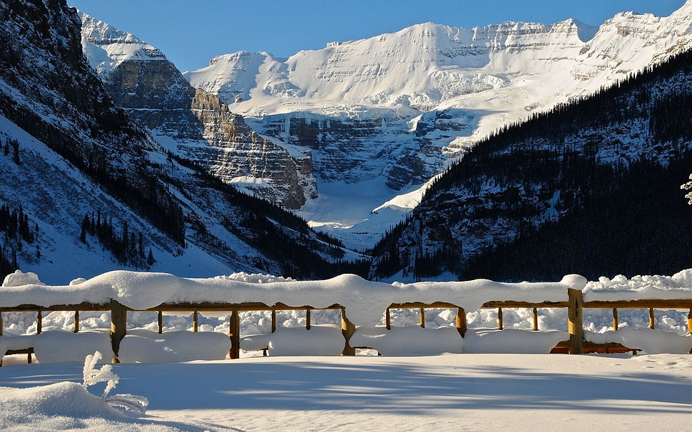 brown wooden fence, winter, landscape, mountains HD wallpaper