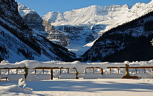 brown wooden fence, winter, landscape, mountains