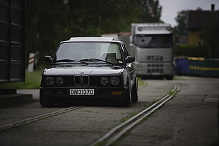 black BMW car, BMW E28, Stanceworks, static, Canon 5d