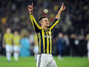 men's yellow and blue striped jersey shirt, Robin van Persie, Fenerbahçe, soccer, men