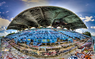 blue wooden chairs, stadium, abandoned, building, graffiti