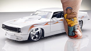white and orange sedan diecast model, artwork, car