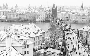 people on stone bridge during winter digital wallpaper, cityscape, Prague, city, winter HD wallpaper