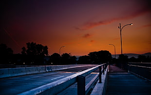 bridge near street lights during sunset HD wallpaper