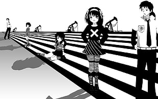 anime characters on white and black striped road